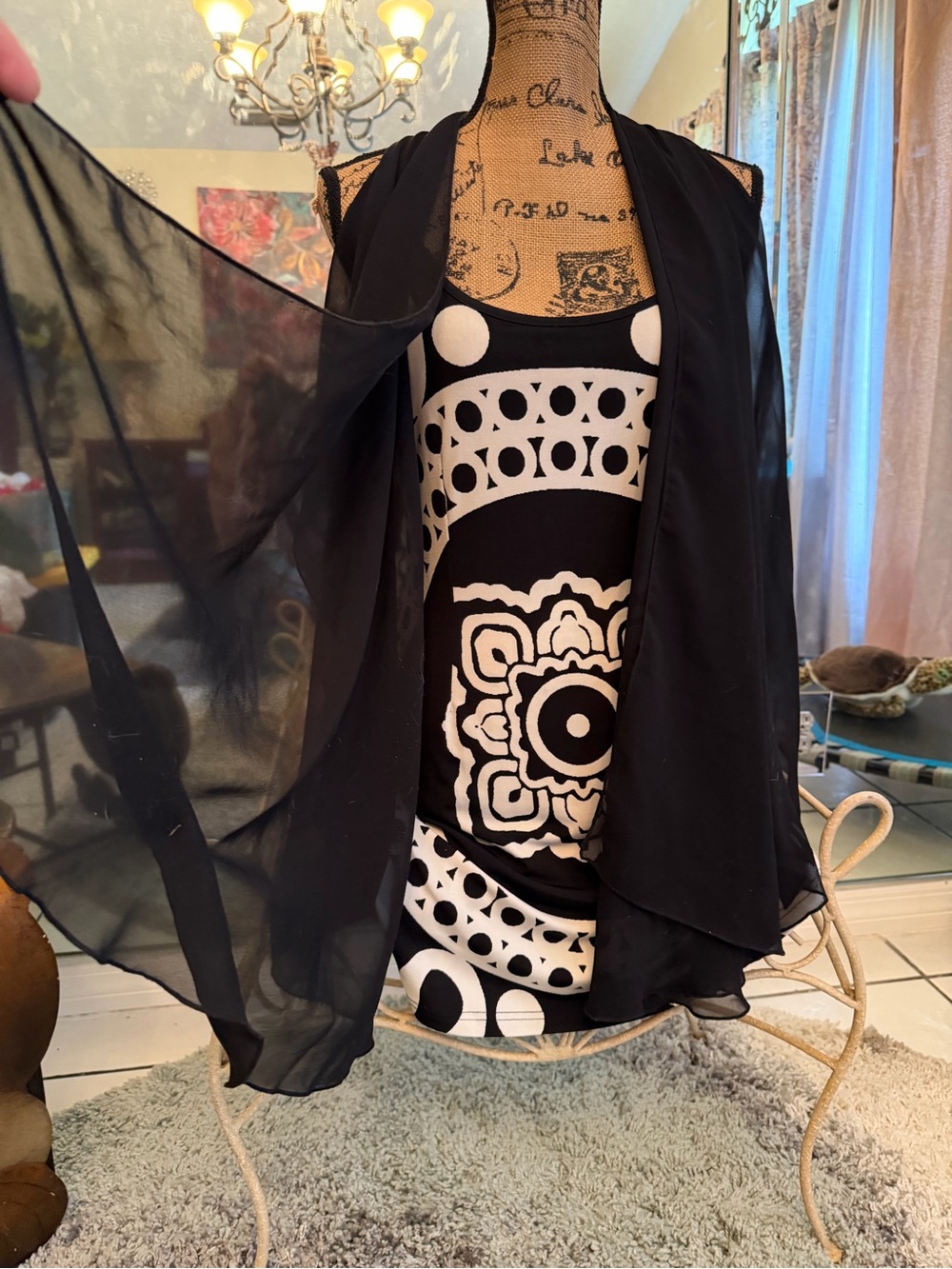 Black Sheer Open Front Vest over Black & White Graphic Tank
